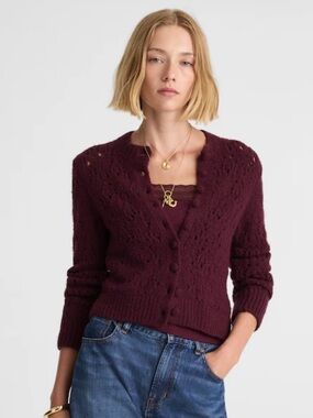Madewell Pointelle-Stitch Cardigan in Cotton Blend, NWT, Small. Dark Pomegranate